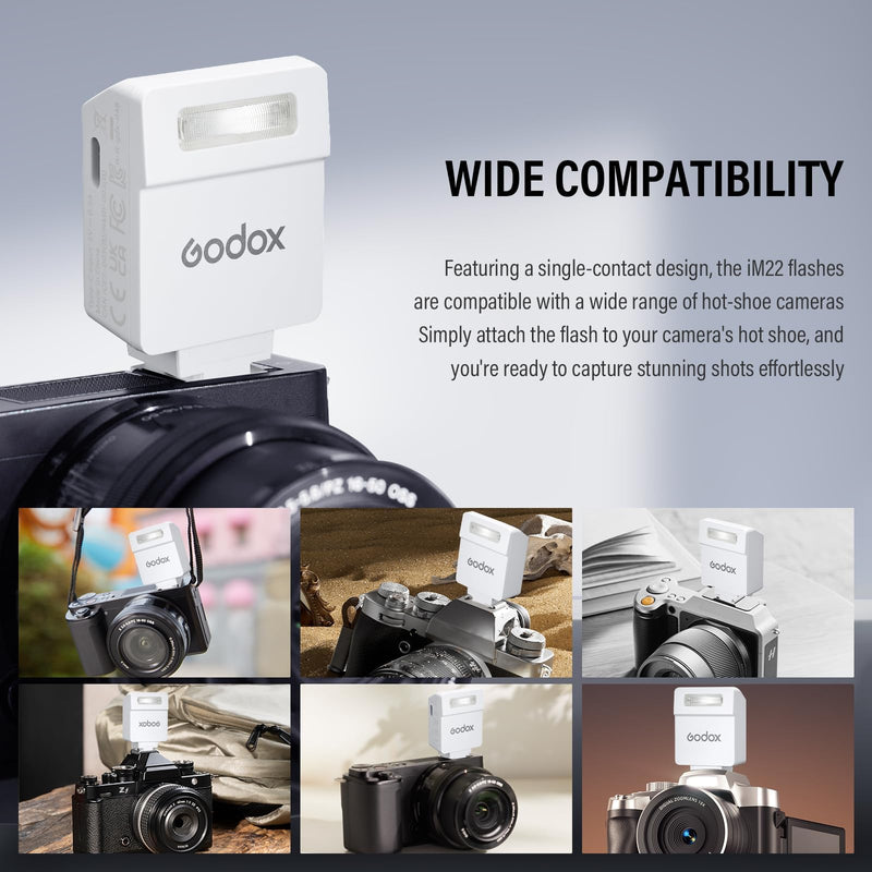 Godox iM22 Camera Flash Mini Flash 470mAh 440 Full-Power Flash | 5 Levels for Sony zve10,zv1 etc, Canon, Nikon,Fuji, Olympus Cameras White