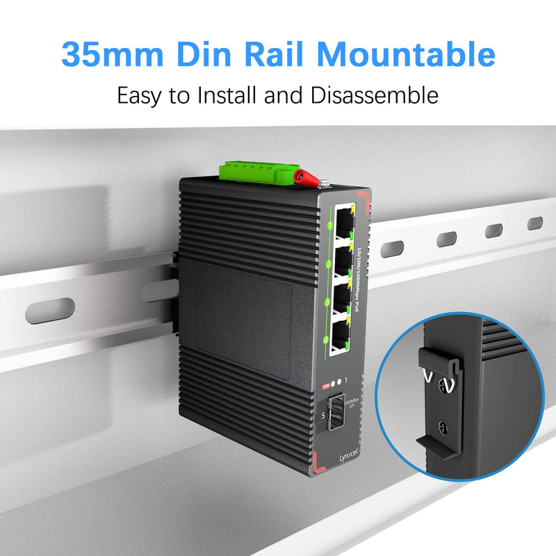 5-Port Industrial PoE Gigabit Din Rail Ethernet Switch, 4 x Gigabit PoE+ Ports, 65W PoE 48V Output, 1 x SFP Gigabit Slot with One Gigabit SFP LC Module, IP40 Unmanaged, with Power Supply 5 Port Gigabit PoE + LC Module