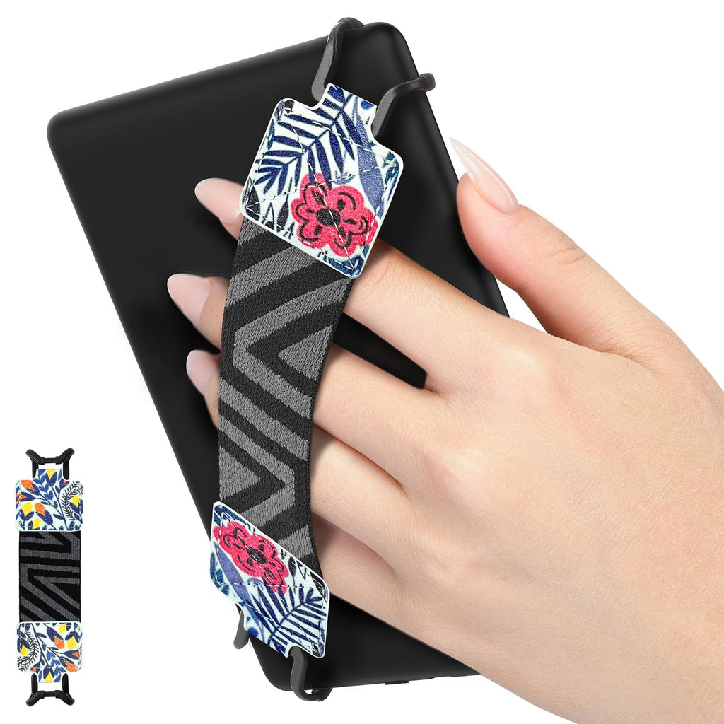 MoKo Security Hand-Strap for 6-8" Kindle eReaders Fire Tablet - Kobo/Voyaga/Lenovo/Sony Kindle E-Book Tablet, High-elasticity Versatile Hand Strap Lightweight Finger Grip Holder, Blue Leaf Flower Patterned Strap