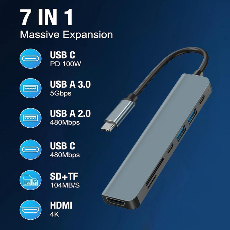 7-in-1 USB C Hub with 4K HDMI,100W PD Charging，USB C Adapter for MacBook Pro/Air,Dell XPS,HP,Lenovo,iPad Pro，Steam Deck - 5Gbps Data Transfer,SD/TF Card Reader,Slim Portable Laptop Dongle Critin-7-in-1 HUB