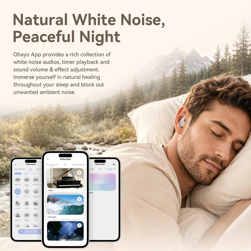 OHAYO A10 Sleep Earbuds, Noise Isolation with 72H Playtime, Ultra-Thin Design for Sider Sleeper, Strong Bluetooth 6.0 Connection, White Noise APP, Mini Sleep Earbuds Without Touch Control