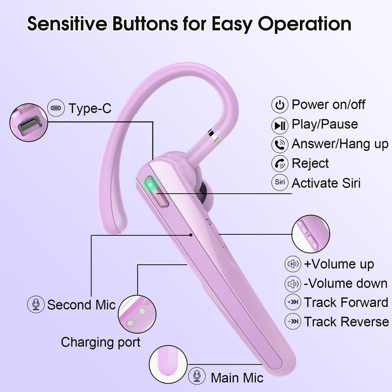 Bluetooth Headset V5.3, Wireless Headset with ENC Noise Canceling Mic | 120Hrs Talk Single-Ear Bluetooth Earpiece, LED Display, IP7 Waterproof Hand-Free Earphone for Business/Trucker, Purple