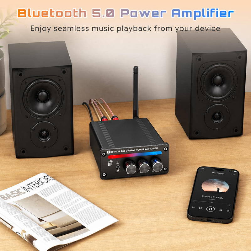 T60A Bluetooth Stereo Amplifier 100W×2 RMS 2CH Receiver | Bluetooth AmpIDual ChipTPA3116 Amp with Bass Treble KnobI 2 Channel Amp with Bluetoothfor Bookshelf, Ceiling, Garage