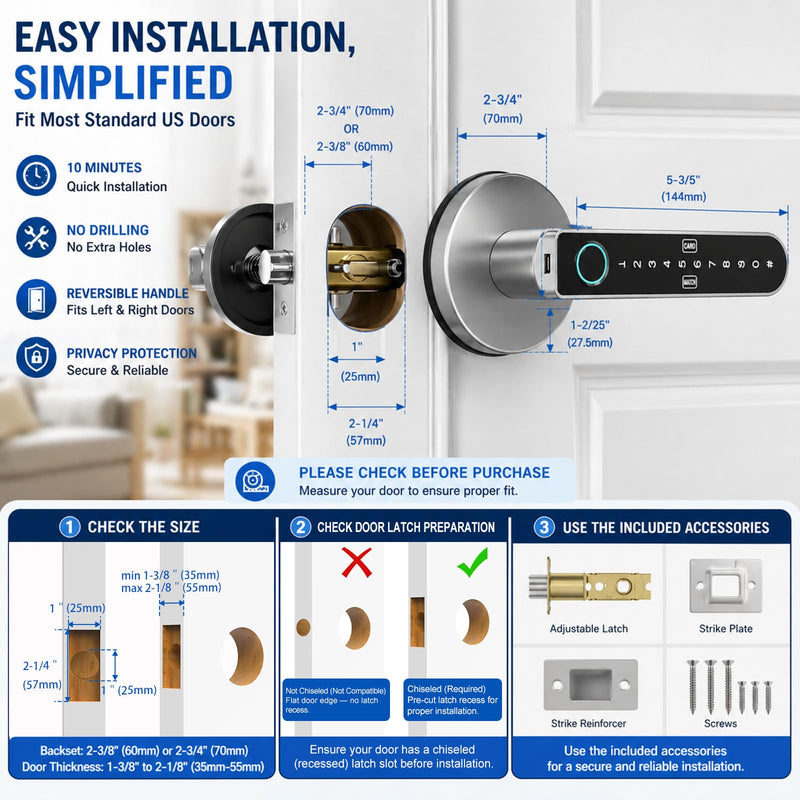 Fingerprint Door Lock, Smart Door Knob 5-in-1 with App Control & Standalone Mode, Keyless Entry with Fingerprint, Keypad Code, IC Card & Keys, Auto Lock, Silver