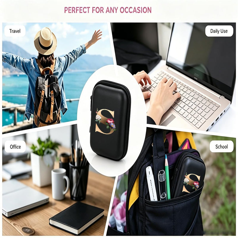 Letter And Flower Print Hard Shell Electronics Organizer, Shockproof Carrying Case for Cables, Earphones, Chargers, Ideal Gift for Travel & Daily Use，4.33 * 3.14 * 1.57 inch/SNB03-S Black-S