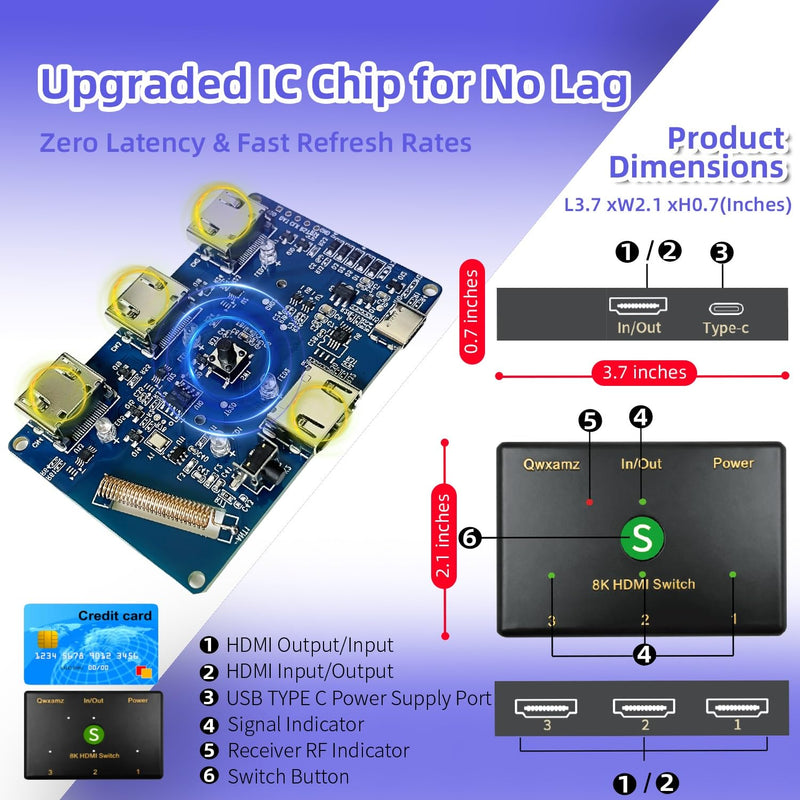 HDMI 2.1 Switch 3 in 1 Out 8K@60Hz, 4K@120Hz HDMI Switcher Wireless Remote | Power By HDMI Cable, Gaming Console, Streaming Device, Home Theater, Projector, Slim Dimension, Long Remote Distances