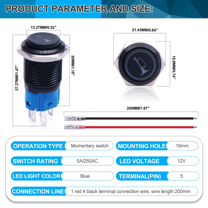 Twidec/16MM Raised Speaker Horn Momentary Push Button Switch 5/8" Mounting Hole 12V Blue Led Light Black Stainless Steel Shell 1NO 1NC SPDT with Pre-wiring Wires Switch For Car Modification BKG16LB-BU BK-blue