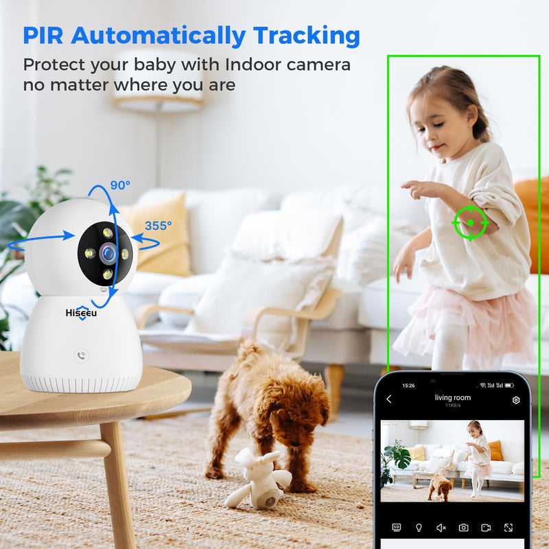 Hiseeu Indoor Security Camera, 2.4G/5G 5MP Baby Monitor Pet Camera for Home Security, PTZ 360°, Auto Tracking, 2 Way Audio, Night Vision, Humanoid Detection, No Monthly Fee, 2PCS 2FJ5C