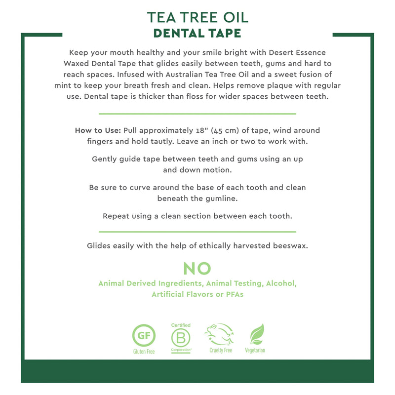 Desert Essence Tea Tree Oil Dental Tape - 12 Count (Pack of 1) - Naturally Waxed w/Beeswax - Thick Flossing No Shred Tape - On The Go - Removes Food Debris Buildup - Cruelty-Free Antiseptic 1080 Foot (Pack of 1)