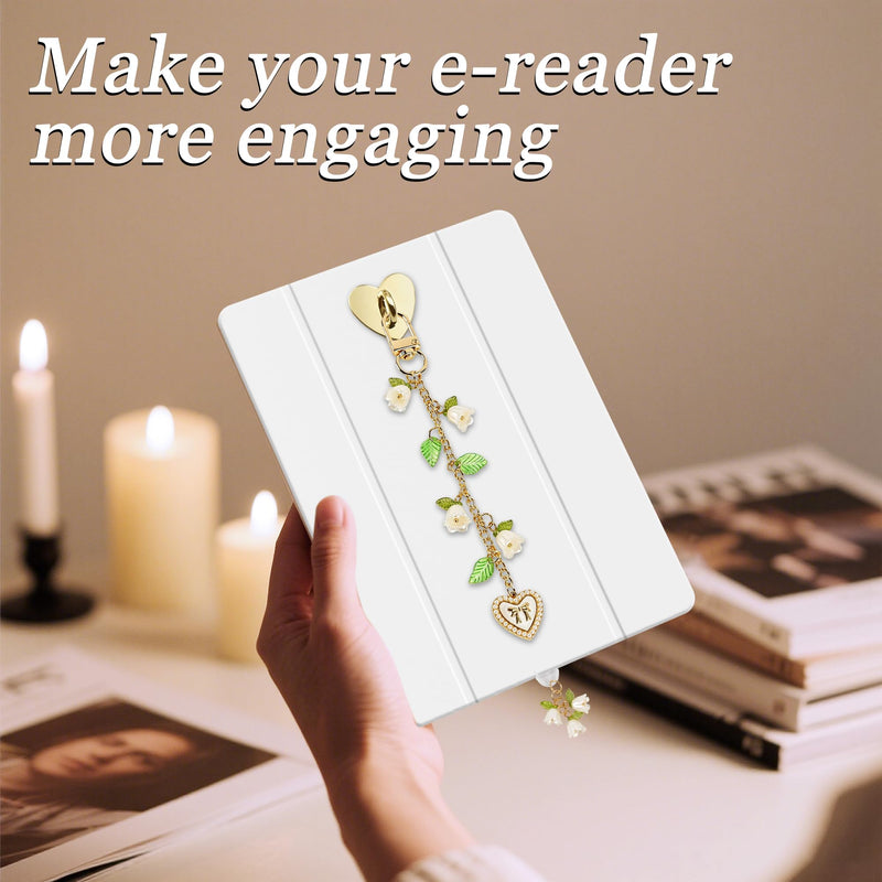Mantveil E-Reader Charm Chain and Dust Plug Set, Lily of the Valley Flower Pendant Accessories for E-Reader, for Kindle, Nature Lover Gift Gold Lily Valley