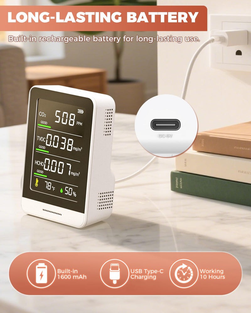 Indoor Air Quality Monitor, 5 in 1 Portable Real-Time Smart Air Quality Tester with CO2, HCHO, TVOC, Temperature, Humidity for Home, Office, Car, Hotel (White) White