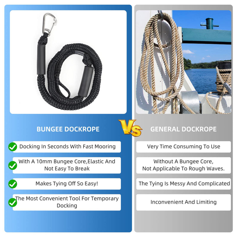 Bungee Dock Lines for Boats 4ft, 2 Pack Shock Absorbing Mooring Ropes with 316 Stainless Steel Clips, Marine Grade PWC Accessories for Jet Ski, Kayak, Pontoon, Watercraft Black