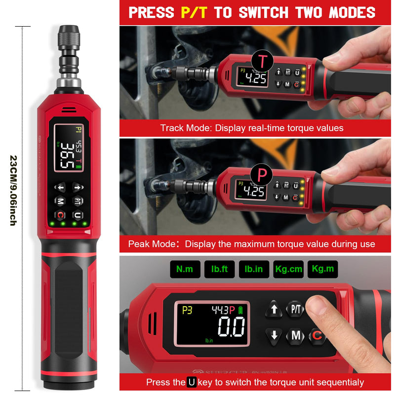 SUERCUP ±1% Accuracy, Digital Torque Screwdriver, 1.5-88.5in-lbs/0.15-10Nm | 1/4'' Drive Inch Pound Torque Screwdriver Electrician, LED, Buzzer, Vibration, 9 Preset Mode 5 Units for Bike, Gunsmithing 1/4-Inch 1.5-88.5in-lbs./0.15-10N.m