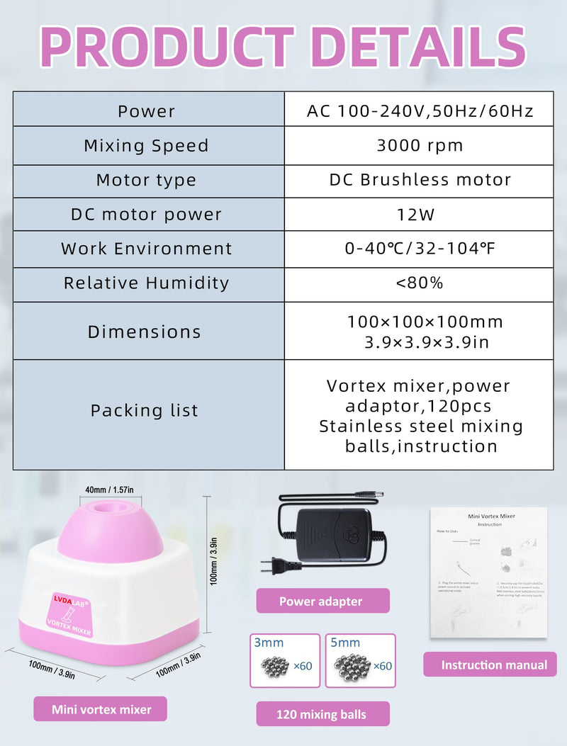 Mini Vortex Mixer, Nail Polish Shaker, Hobby Vortex Paint Mixer, 3500RPM Model Paint Shaker for Gel Polish, Acrylic Paints, Eyelash Adhesives, Tattoo Ink, 120PCS Stainless Steel 304 Mixing Balls(PINK) PINK