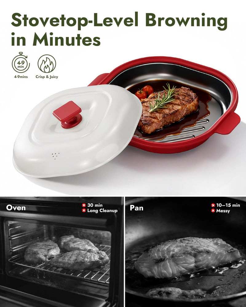 Microwave Grill Pan - Get Real Grill Marks in 5 Minutes, Multi-Cooker (Bake/Fry/Steam) for Steak, Bacon & Veggies. Nonstick, Dishwasher Safe for RV/Dorm/Office Use, Includes Brush