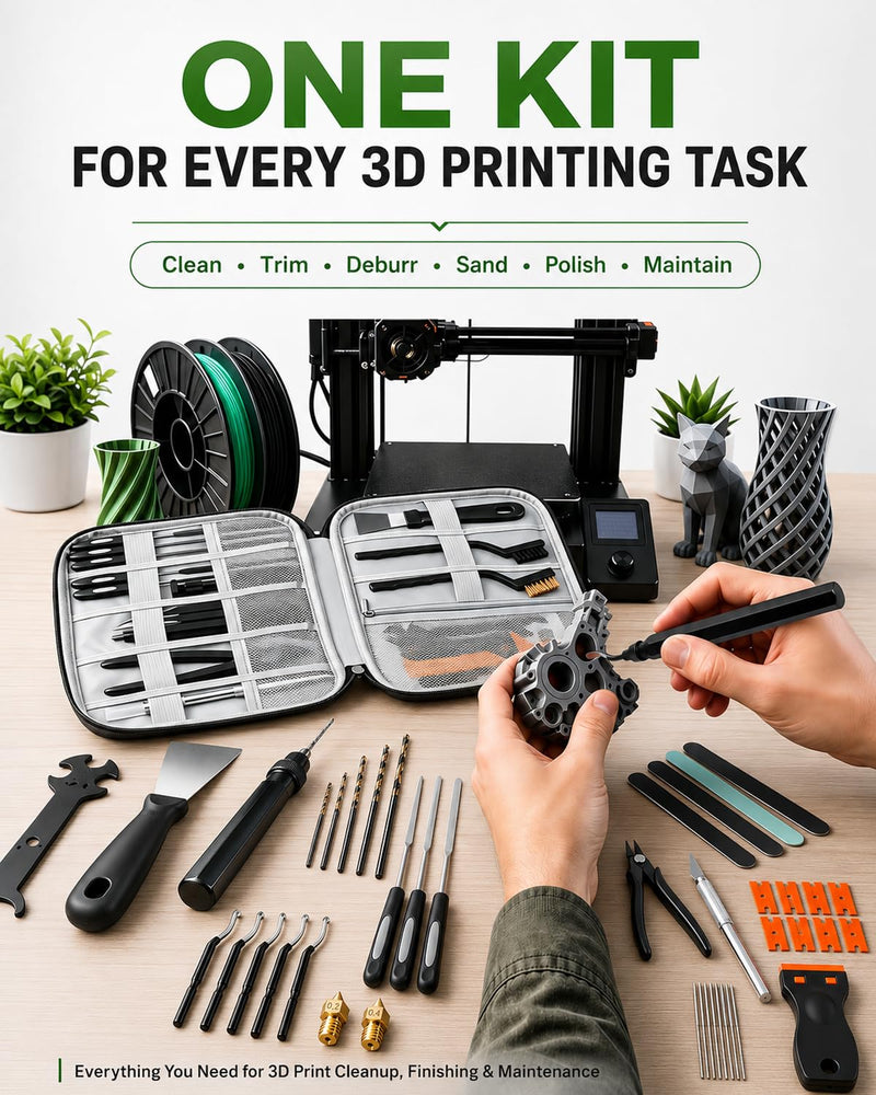 SHOWPIN 64PCS 3D Printer Tools: 3D Printer Accessories & Printing Tools Kit for Nozzle Cleaning & Model Finishing, Deburring Tool, Tube Cutter, Hand Drill & Sanding Tools with Case