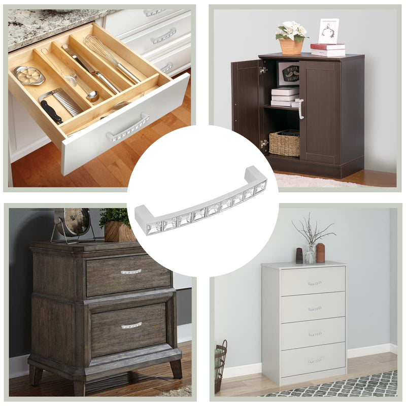 Bivethoi Crystal Drawer Pulls, Rhinestone Handles, 96mm / 3.78" | 10 Pcs, Silver Zinc Alloy, For Kitchen Cupboard Bedroom, Hole Centers 3.78"/96mm,10pcs