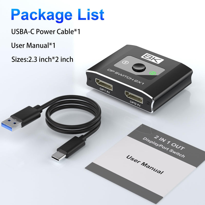 Displayport Switch 2-in-1-out, 8K@60Hz, 4K@120Hz, Resolution DP 1.4 DisplayPort Switcher Selector Box, DSC Support, Display Port Switcher Compatible with Computers, Laptop, Desktop，Monitor，TV