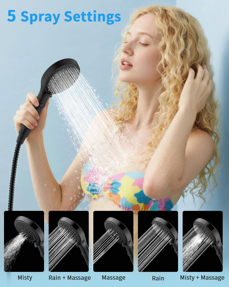 FASDUNT Shower Head with Handheld, High Pressure Handheld Shower Head with 80" Extra Long Stainless Steel Hose & Adjustable Bracket, Showerhead with ON/OFF Switch, Black 6 Spray-Settings Matte Black