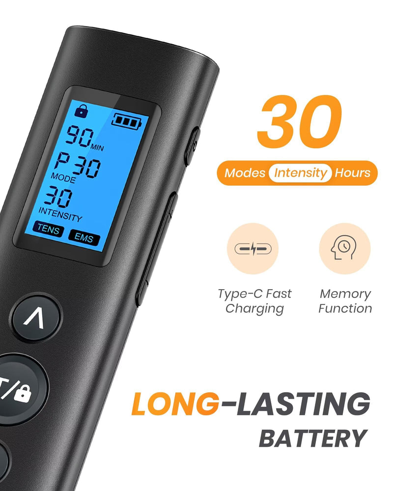 AVCOO 30 Modes TENS EMS Unit Compact Muscle Stimulator for Pain Relief of Back, Shoulder, Neck, Rechargeable & Portable Dual Channel EMS Muscle Stimulator with 30 Intensity Levels, 12 Electrode Pads Black