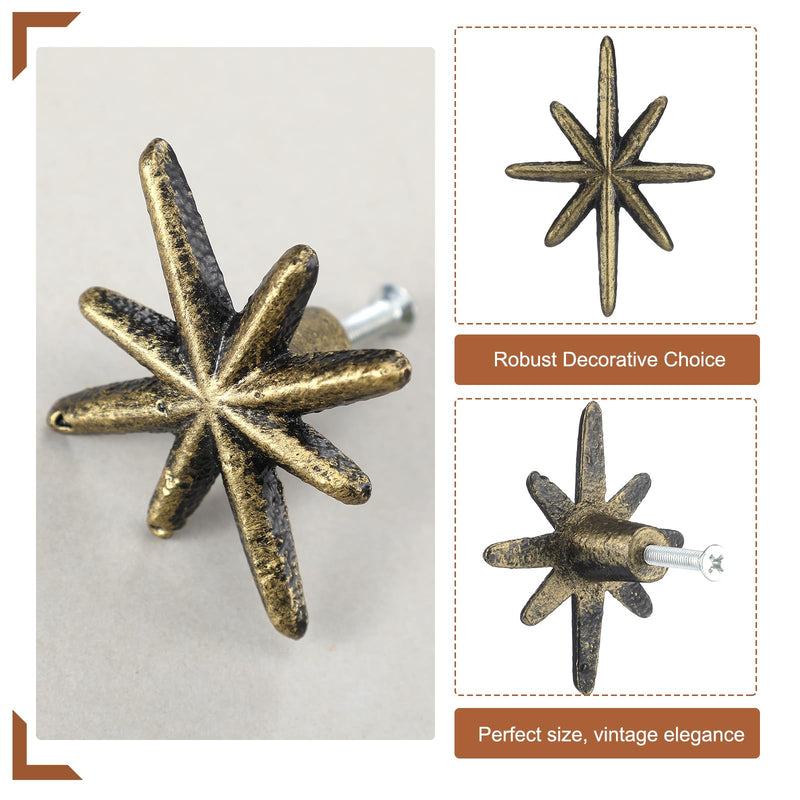 6 Set Unique Antique Gold Cast Iron Drawer Pulls & Cabinet Knobs, 8-Pointed Star Unique Cabinet Knobs, Add Mid-Century Modern Charm to Your Decor with Elegant Burst Design 6
