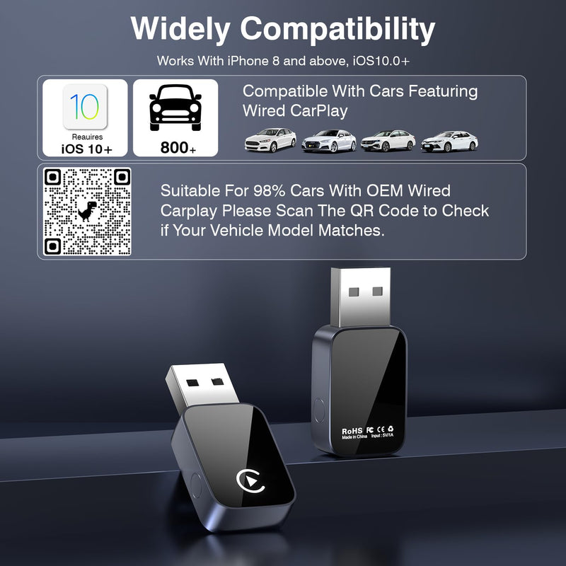 2-in-1 Wireless CarPlay & Android Auto Adapter Bluetooth 5.3 5GHz Wi-Fi | USB A and Type-C convert wired into wireless plug and play, which is suitable for iOS 10+ Android 11+.