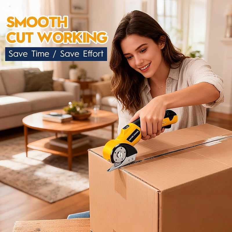  [AUSTRALIA] - 2026 New 3000mAh Cardboard Box Cutter with 2 Titanium Blades, Cordless Electric Scissors with Safety Lock & LED Light, Storage Box, 300RPM, 4V, Cutter for Fabric Carpet Carton Plastic Leather Cloth Yellow-orange 2