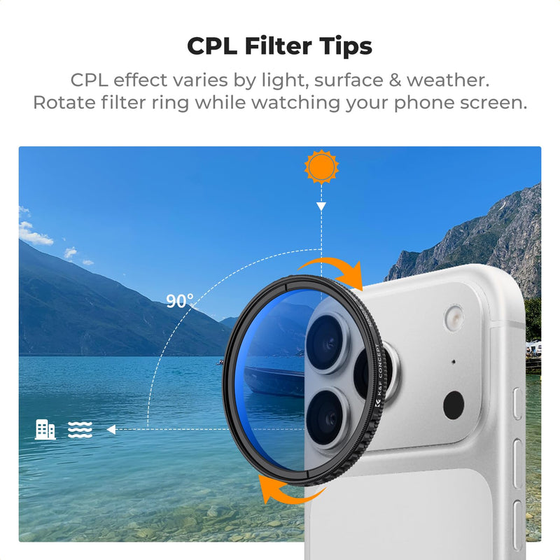 K&F CONCEPT Snap-On CPL Filter Compatible with iPhone 17 Pro Max/17 Pro | 9.5g Ultra-Lightweight Polarizing Filter with Snap-on Deco Mount, AGC Glass 28-Layer Coating Anti-Reflection, FA301 Black