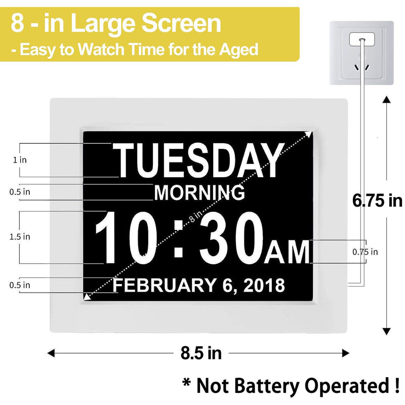 【New 2026】 Digital Calendar Alarm Day Clock - with 8" Large Screen Display, am pm, Multiple Alarms, for Impaired Vision People, The Aged Seniors, The Dementia, for Desk, Wall Mounted, White 8''