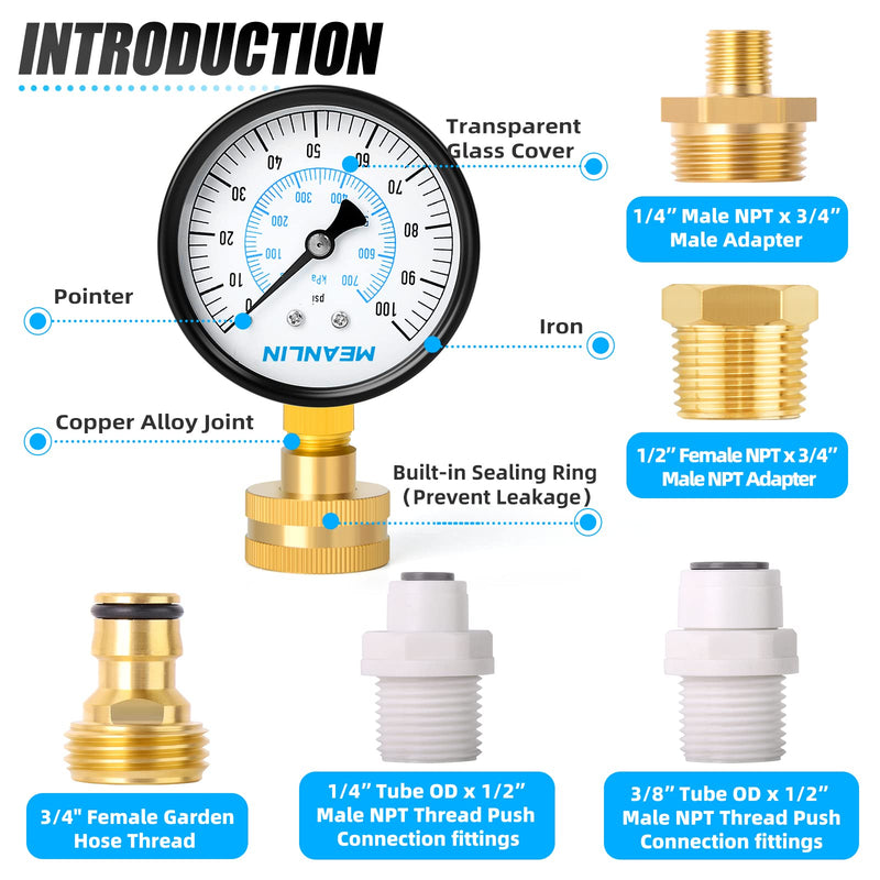 MEANLIN MEASURE 0~100Psi 3/4" Female Water Pressure Kit Plus 5 adapters, 2.5" FACE DIAL Multi-Purpose Pressure Gauge Kit, Hydraulic Tester,Suitable for Gardens, Water Pipes, etc 0-100Psi (With Fittings) No Liquid