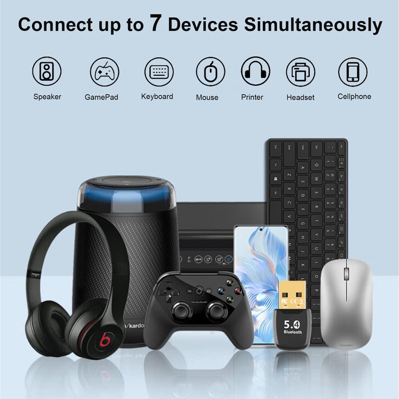 Bluetooth 5.4 Adapter, USB Bluetooth Dongle Receiver for PC, Plug and Play for Windows 8.1/10/11, Connect up to 7 Devices, Supports Wireless Keyboard, Mouse, Headphones, Speaker, Game Console, etc