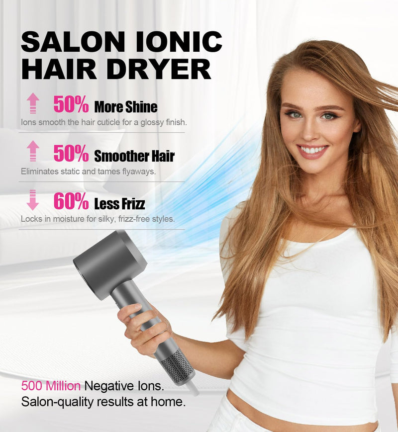Ionic Hair Dryer – 150,000 RPM Brushless Motor Fast Drying, Professional Hair Blow Dryer with Diffuser, 3 Heat & 3 Speed Settings, Low Noise, Cool Shot, Anti-Frizz Hairdryers for Women & Man Gray