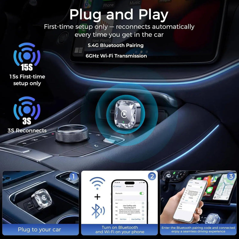 2-in-1 Wireless CarPlay& Android Auto Adapter | Easy Setup, Quick Heat Dissipation, Supports 1000+ Cars with Built-in Wired Car Play/Android Auto, Diamond Distinctive Design