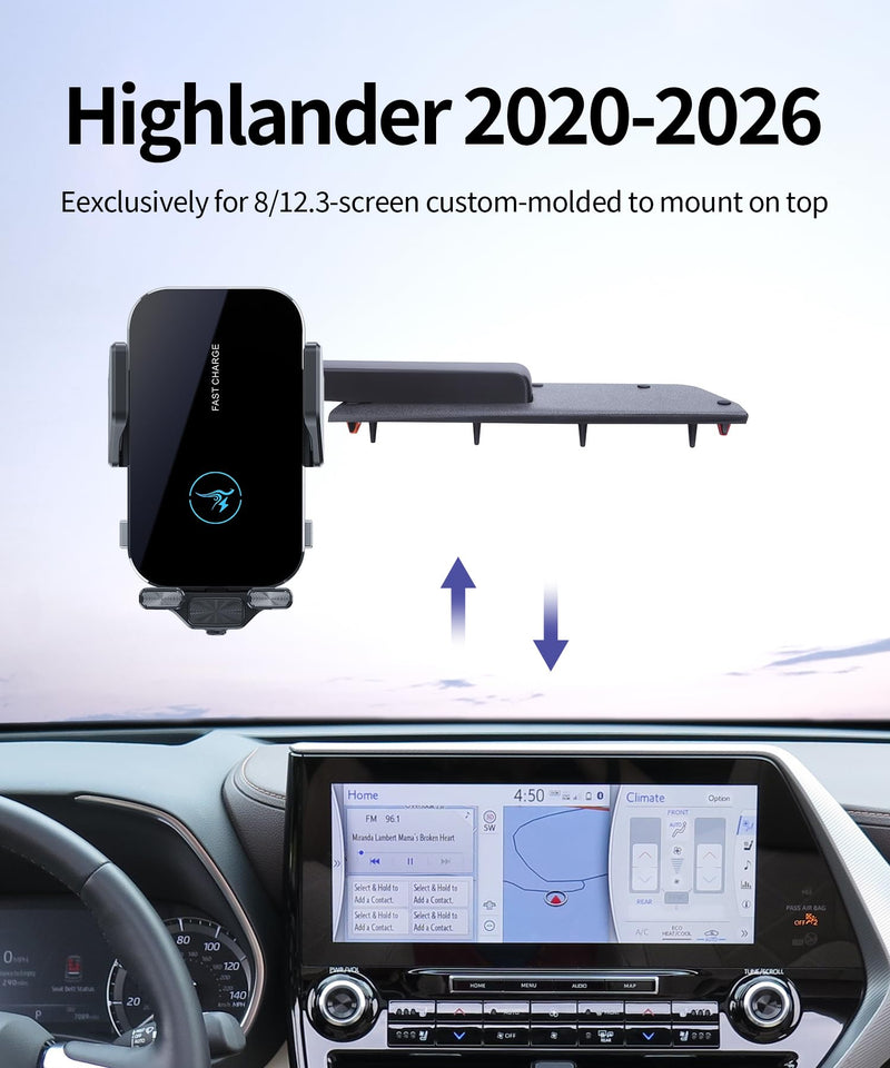 Wireless Charger Car Phone Holder for Toyota Highlander/Hybrid 2020-2026 | 8/12.3" Screen, Auto Clamp Cell Phone Mount Accessories 15W Qi Fast Charging Stand Compatible with iPhone Android, GPS Cradle