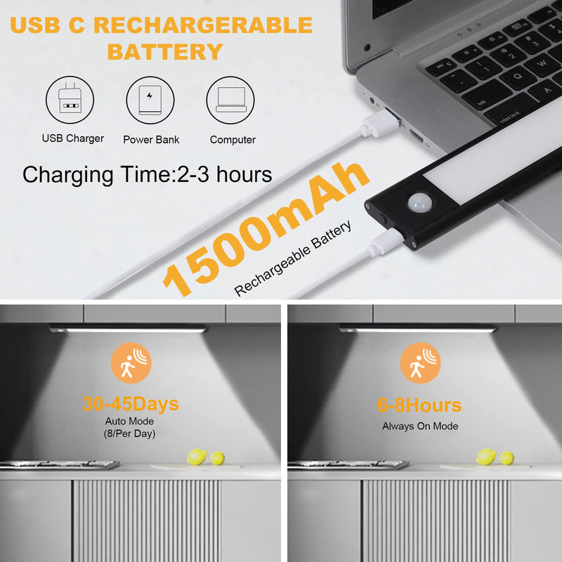 Under Cabinet Lights Wireless,Under Counter Motion Sensor Light Kitchen, 54 LED Rechargeable Night Lighting,3 Color Temperatures Black Closet Light for Bedroom,Wardrobe, Stairs,Cupboard(2 Pack) 12inch Black 54LEDs Sliver