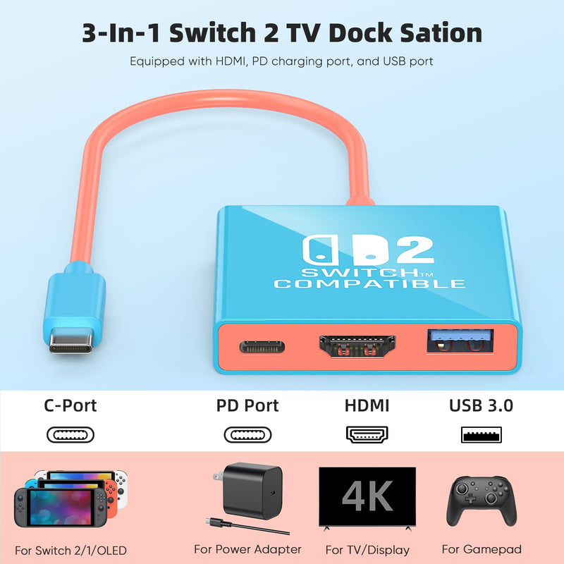 Switch 2 TV Dock, Travel Accessories for Nintendo Switch 2 Docking Station, Support 4K@60Hz TV Mode, Portable TV Adapter for Home/Travel/Party with HDMI 2.0/PD 100W/USB 3.0 Port