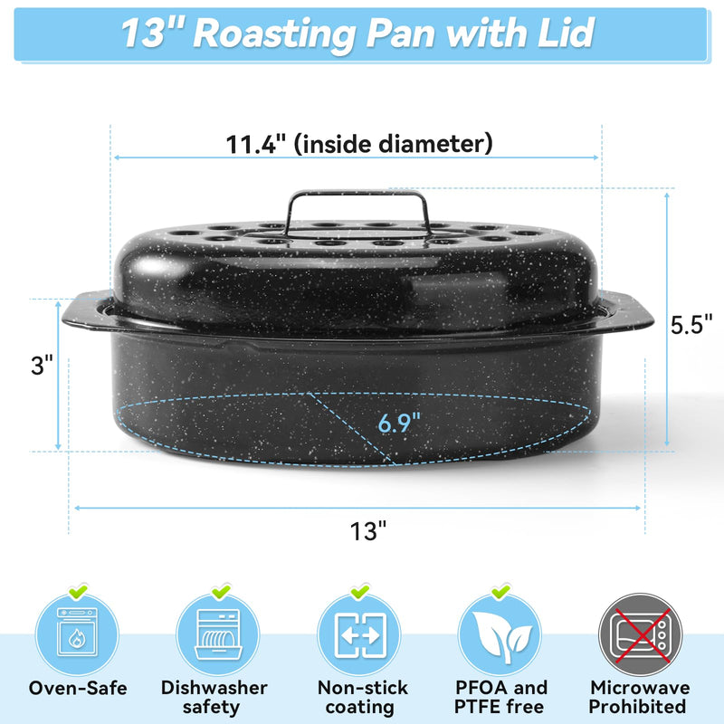 13" Roasting Pans for Ovens Porcelain Enameled Steel Oval Roaster Pan with Domed Lid for Small Turkey, Chicken, Vegetable, Lamb, Sourdough Bread Black-13 Inch