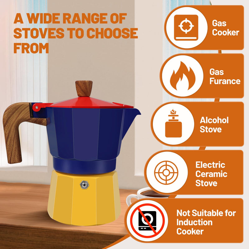 3 Cup Aluminum Espresso Stovetop Moka Pot Express Coffee Maker Percolator Italian Classic Mocha Coffee Machine for Italian and Cuban Cafe Brewing for Home & Camping 150ml 5oz Blue/Yellow 3 Cup