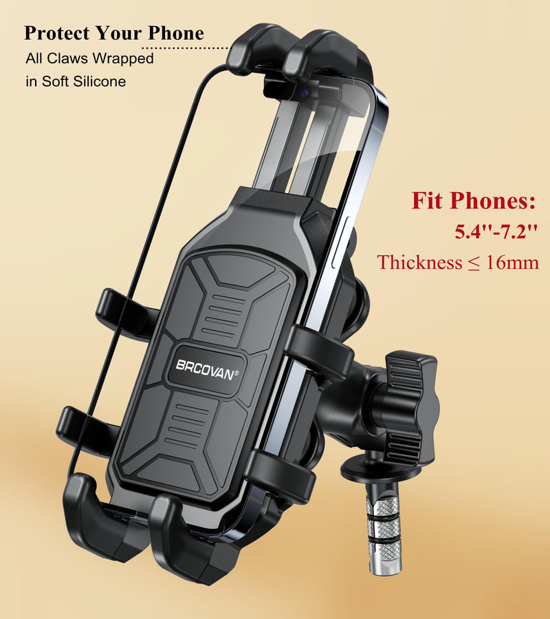BRCOVAN Motorcycle Fork Stem Phone Mount with Vibration Dampener, Adjustable Heavy Duty Motorcycle Cellphone Holder Fit Stem Tubes 12mm-25.4mm in Diameter, Compatible with 5.4''-7.2'' Smartphones