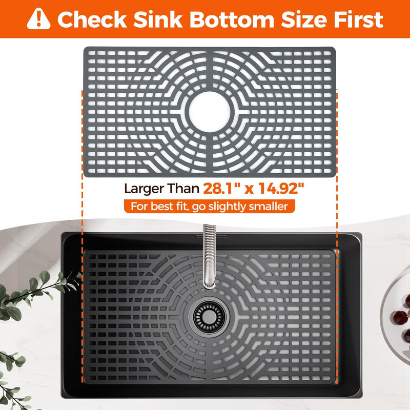 Snuggery Silicone Sink Protector 28"x15" Center Drain Hole, Heat Resistant Non-slip Dishwasher Suitable, Large Mat for Bottom of Farmhouse Kitchen Stainless Steel Sink(Grey) 28x15 center