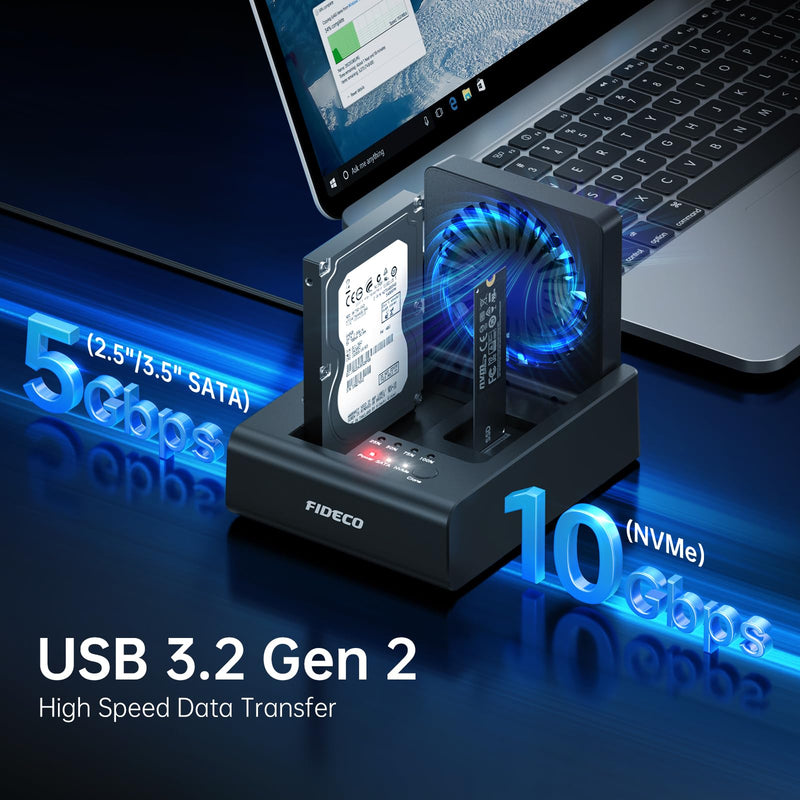FIDECO USB C Docking Station for M.2 NVMe SSD and 2.5"/3.5" SATA HDD with Bidirectional Offline Clone, M.2 NVMe to USB Adapter Cloner, SSD Reader with Foldable Cooling Fan, Ultimate Heat Dissipation