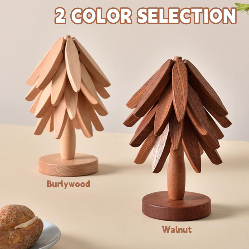 Natural Foldable Black Walnut Wooden Trivet Set - 4 Trivets + 1 Stand for Hot Dishes, Pot, Bowl, Teapot, Hot Pot Holders(Black Walnut)