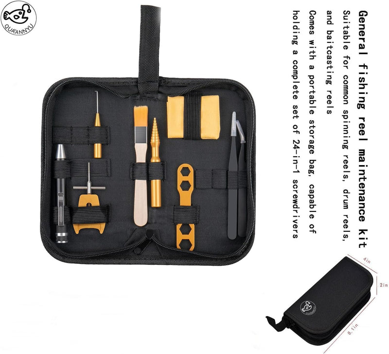 QUA'ANNYU Fishing Reel Maintenance Kit, Professional Fishing Reel Care & Repair Tool Set with 24/30/38-in-1 Screwdriver Set Gold+Manual Screwdriver