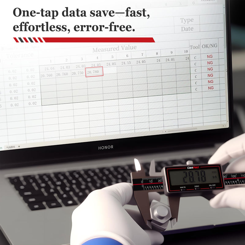 GemRed Wireless Digital Caliper 0-6 Inch/150mm with Data Transfer to Excel/Phone/PC, Stainless Steel Caliper Measuring Tool with Auto-Off, Large LCD Inch/MM for DIY/Household/3D-printing 6 Inch