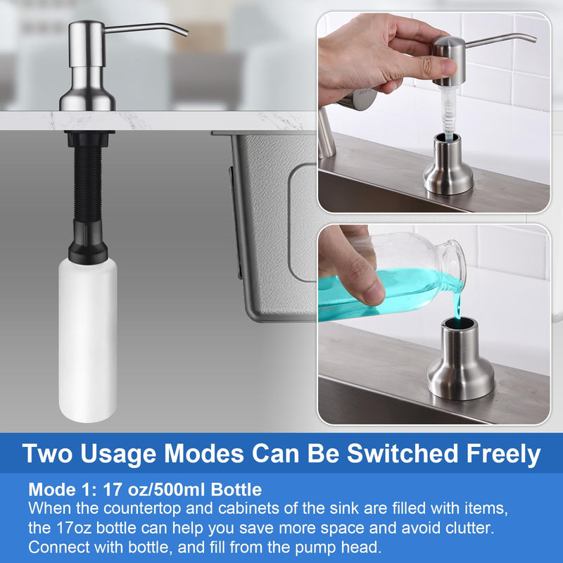 SonTiy Dish soap Dispenser for Kitchen Sink, Liquid Kitchen Hand soap Dispenser Pump Brushed Nickel, Stainless Steel Sink soap Dispenser Set with 47” Extension Tube kit and 17 oz Bottle