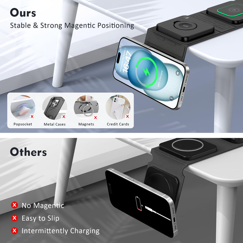 Wireless Charger for iPhone - 3 in 1 Charging Station for Apple Multiple Devices, Foldable Magnetic Mag-Safe Travel Charging Pad for iPhone 15 14 13 12 Pro Max Plus iwatch Watch & Airpods Black