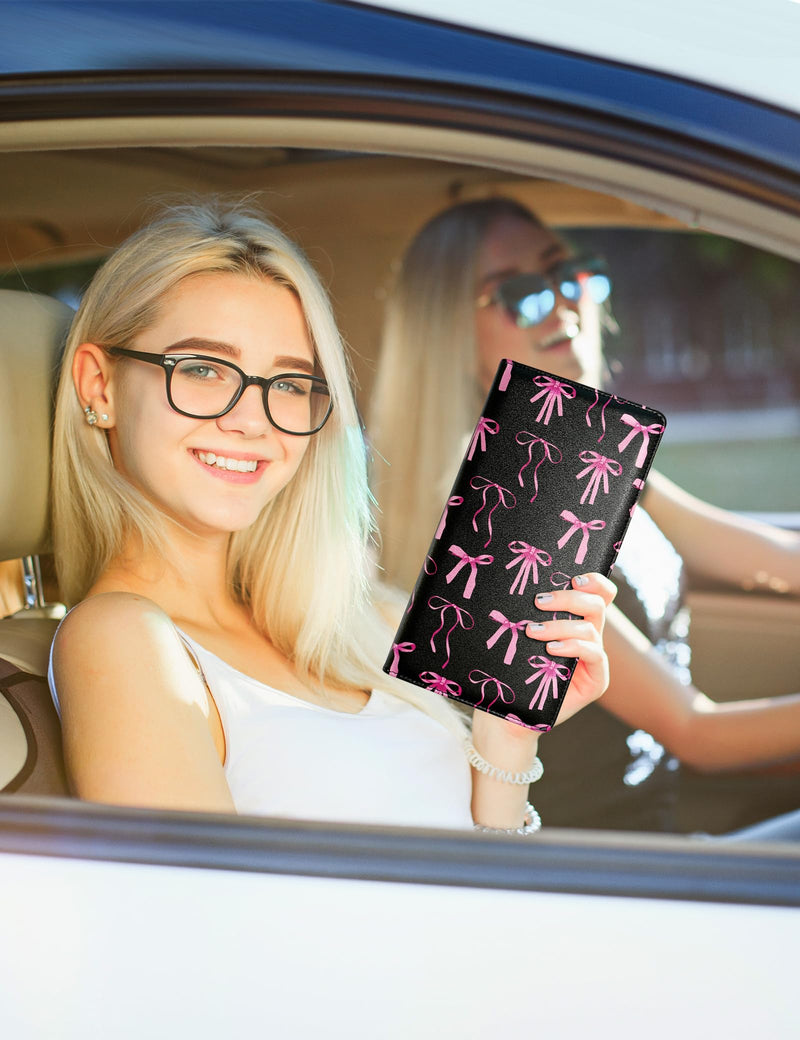 Mymazn Car Registration and Insurance Holder, PU Leather Glove Box Car Organizer with Magnetic Closure, Car Document Holder for Driver's License & Essential Documents (Pink Bow) Pink Bow