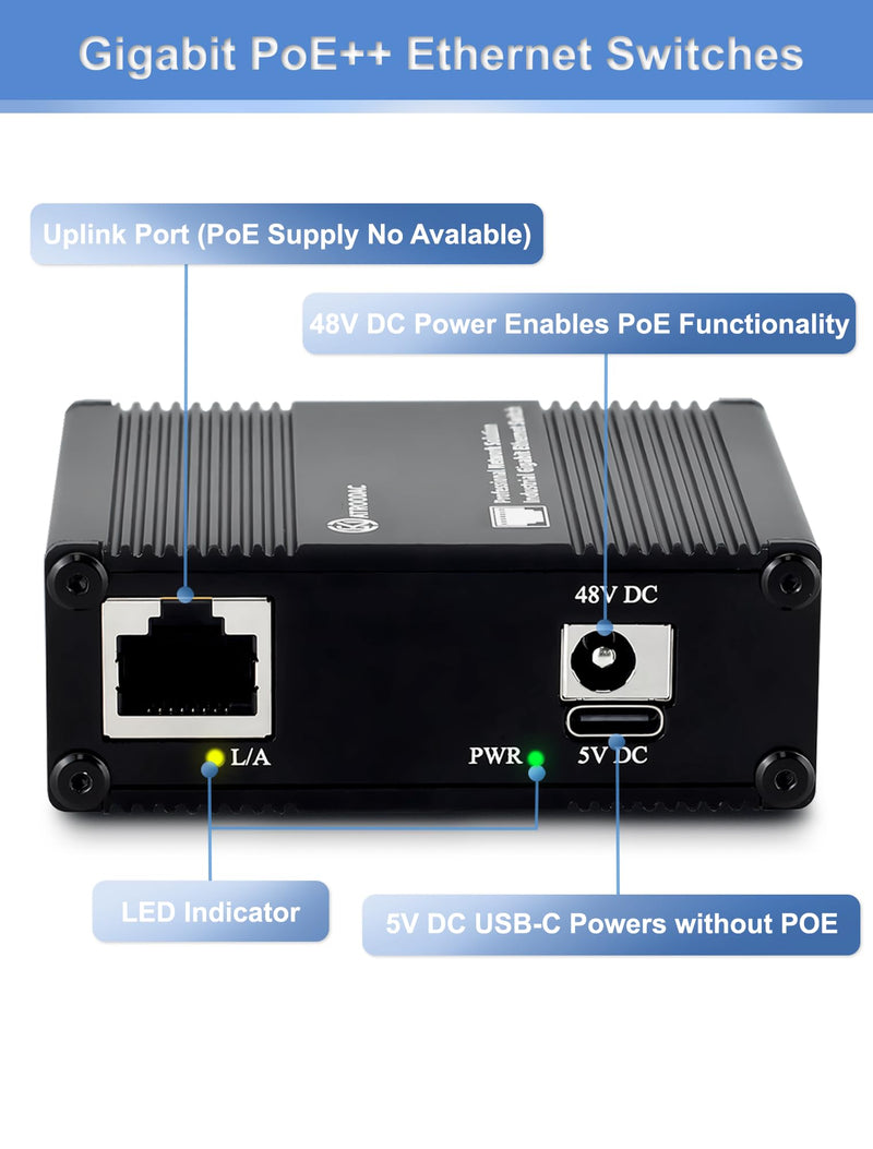 5 Ports Gigabit PoE+ Mini Ethernet Switch - 4 PoE+ @ 120W With 1 Uplink Port, 802.3at Enhanced Protection, Unmanaged Network Switch, Plug & Play, Sturdy Metal Housing, Desktop Design 5-Ports | 4 Ports PoE+,120W