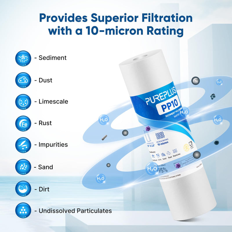 PUREPLUS 10 Micron 10" x 2.5" Whole House Sediment Home Water Filter Cartridge Replacement for Any 10 inch RO Unit, Culligan P5, Aqua-Pure AP110, Dupont WFPFC5002, CFS10, WHKF-G05, 4Pack 4 Count (Pack of 1)