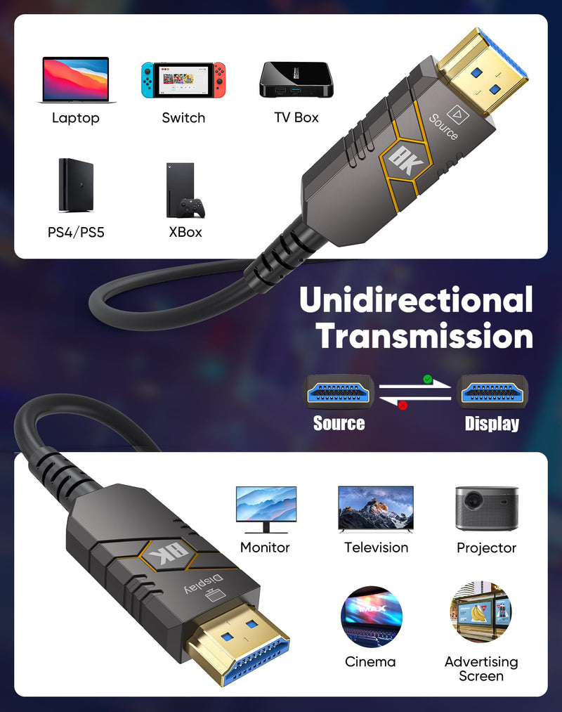 8K Fiber Optic HDMI 2.1 Cable 50FT, 48Gbps Ultra High Speed | Supports 8K@60Hz, 4K@120Hz. HDR10+, HDCP 2.3, SBTM, QMS, CEC. Works with TV, Monitor, Laptop, Projector, PS5. Black 1